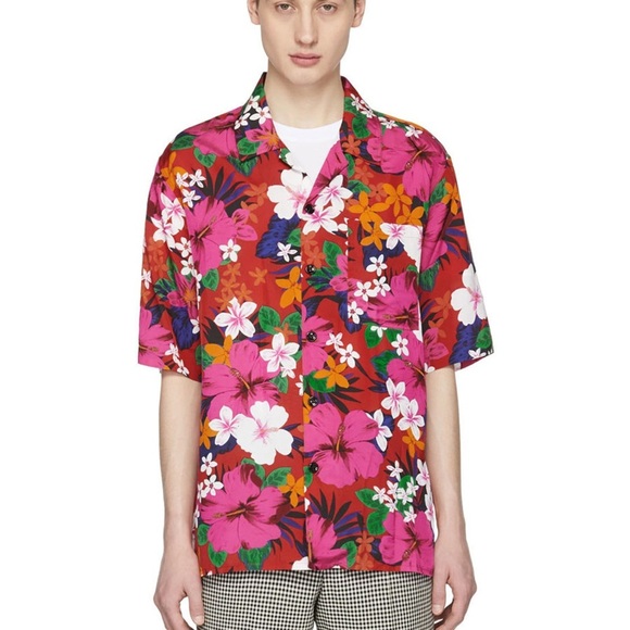 AMI Alexandre Mattiussi Shirt Pink Orange Green Hawaiian Floral Short Sleeve - Picture 1 of 8